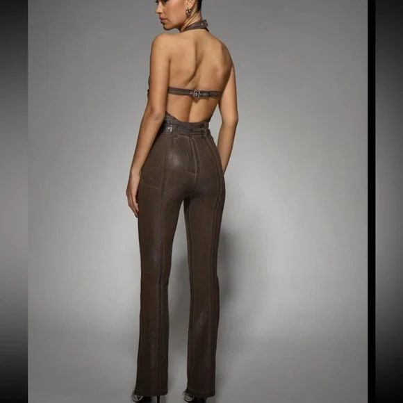 Brown Zipper front Halter Coated Denim Flare Hem Stretchy thick Jumpsuit - Picture 3 of 8